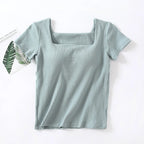 Chest Pad Square Neck Cotton Sleep Shirts For Women Short Sleeve Summer One Piece Pajamas Top Casual Outside Wear T-shirt