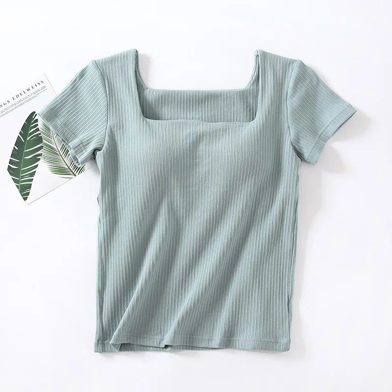 Chest Pad Square Neck Cotton Sleep Shirts For Women Short Sleeve Summer One Piece Pajamas Top Casual Outside Wear T-shirt