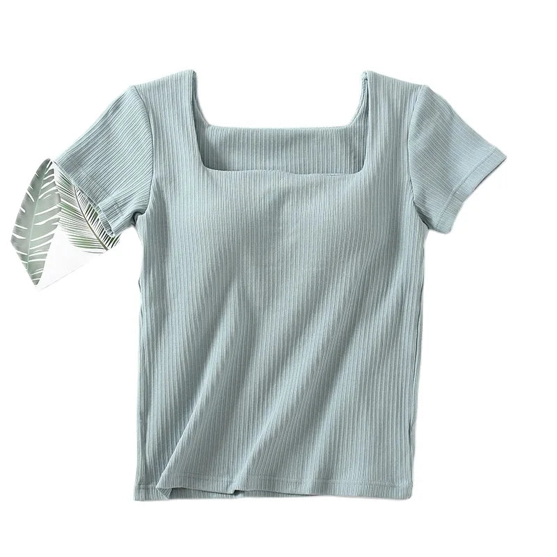 Chest Pad Square Neck Cotton Sleep Shirts For Women Short Sleeve Summer One Piece Pajamas Top Casual Outside Wear T-shirt