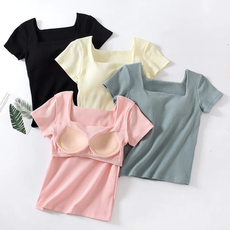 Chest Pad Square Neck Cotton Sleep Shirts For Women Short Sleeve Summer One Piece Pajamas Top Casual Outside Wear T-shirt