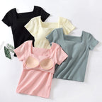Chest Pad Square Neck Cotton Sleep Shirts For Women Short Sleeve Summer One Piece Pajamas Top Casual Outside Wear T-shirt